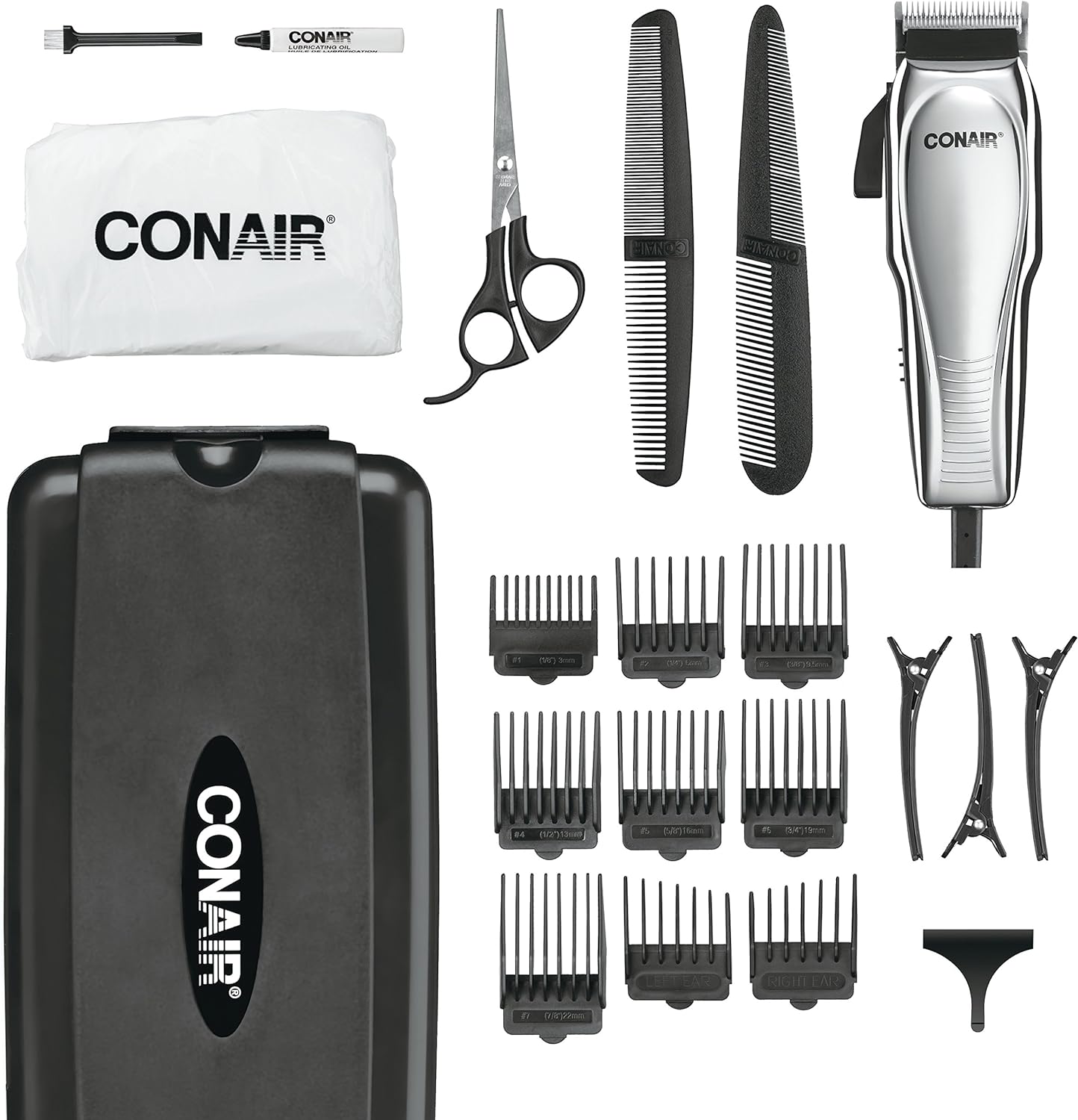 ConairMAN Hair Clippers For Men 21-Piece Home Hair Cutting Kit front view displaying the premium chrome clipper.