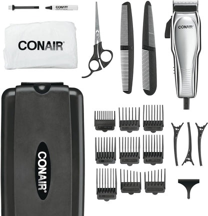 ConairMAN Hair Clippers For Men 21-Piece Home Hair Cutting Kit front view displaying the premium chrome clipper.