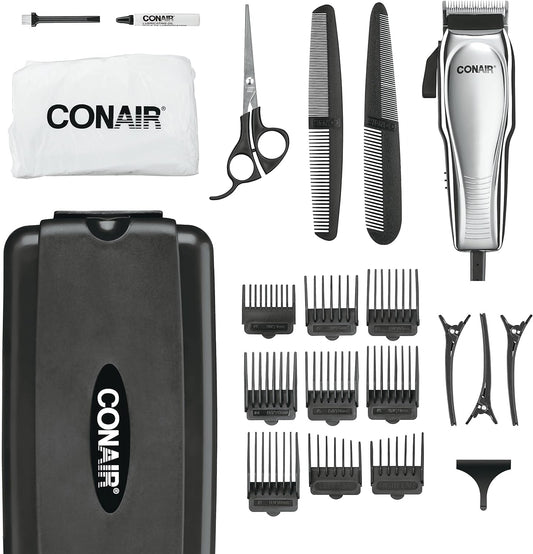 ConairMAN Hair Clippers For Men 21-Piece Home Hair Cutting Kit front view displaying the premium chrome clipper.