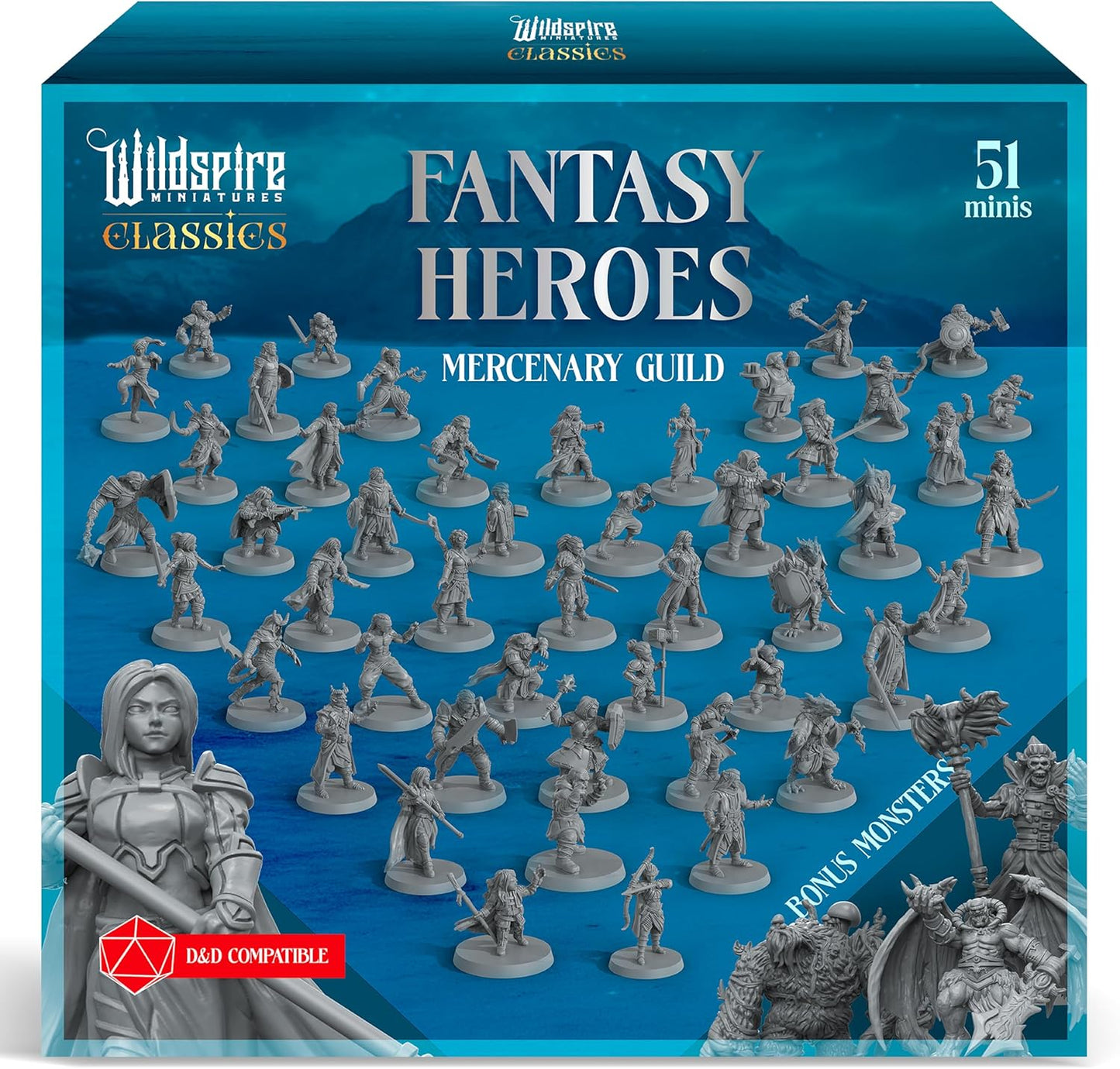 Wildspire classic heroes mercenary guild miniatures front view of diverse unpainted plastic figures