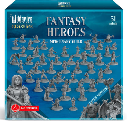 Wildspire classic heroes mercenary guild miniatures front view of diverse unpainted plastic figures