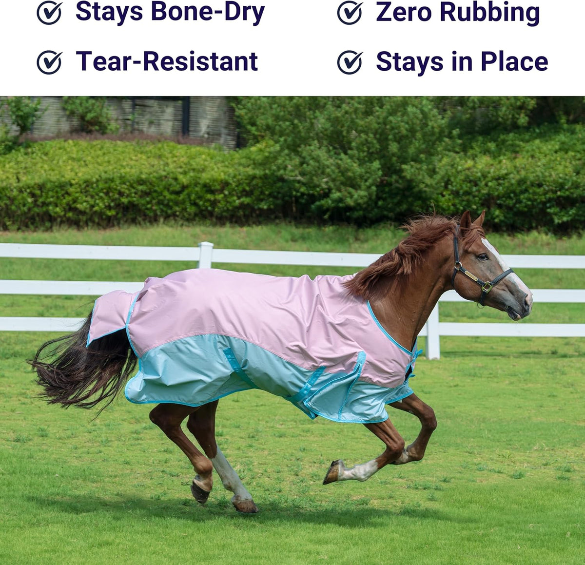 GUARDIA SHIELD waterproof lightweight horse blanket side profile displaying pink and blue pattern