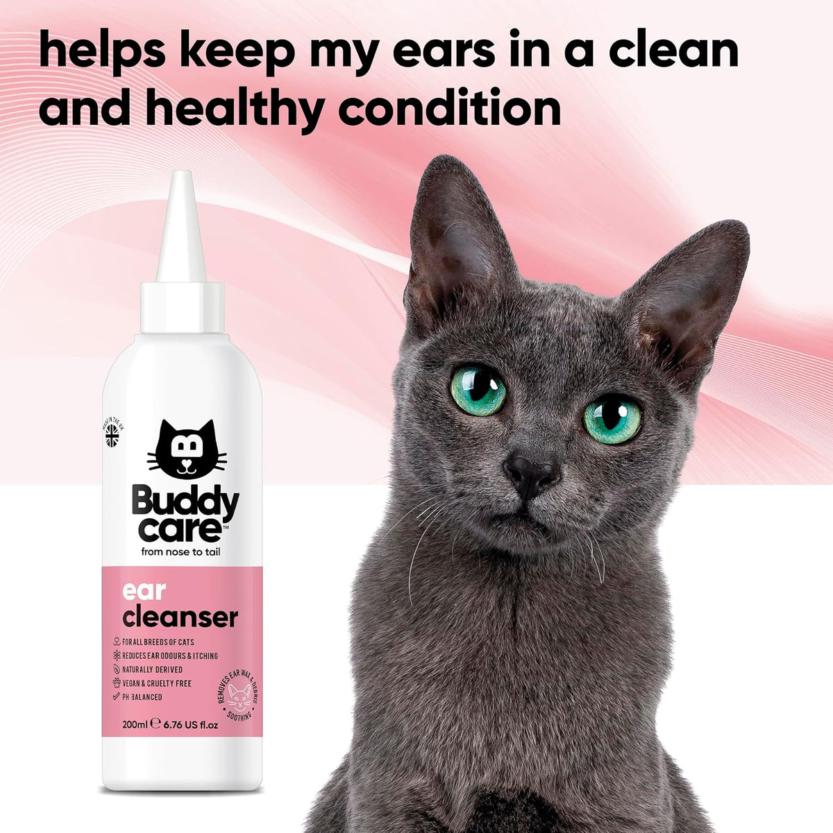 Close up of Buddycare cat ear cleaning solution applicator