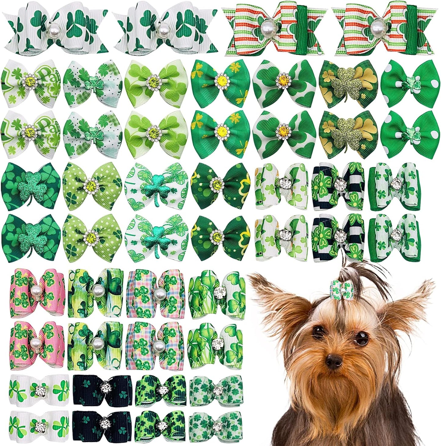 JpGdn St. Patrick's Day dog hair bows with green shamrock pattern