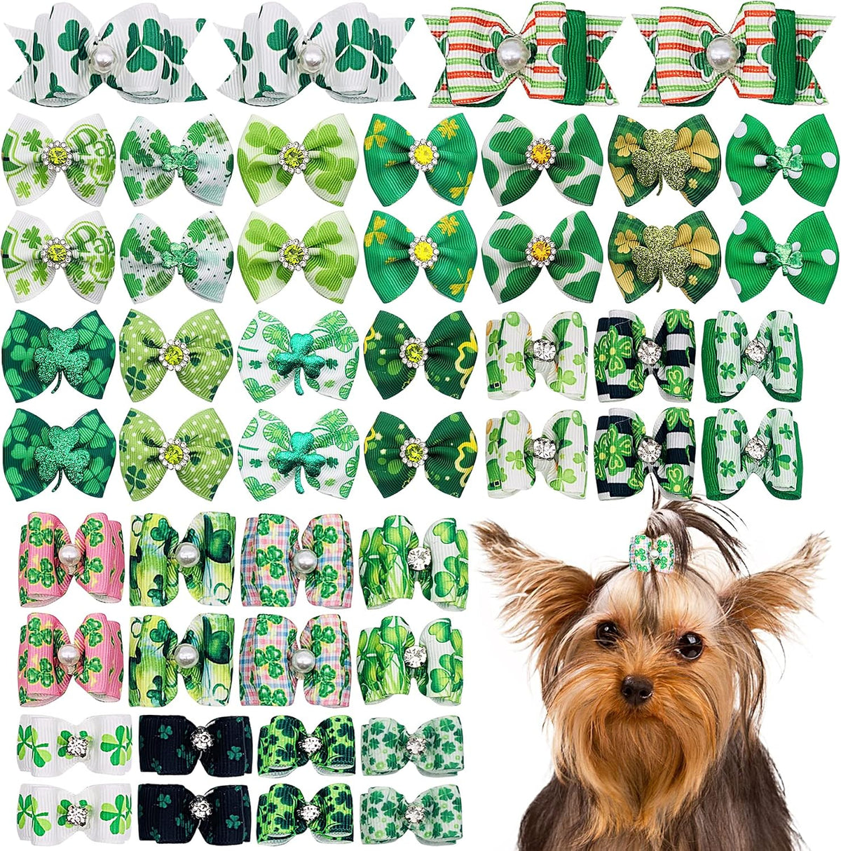 JpGdn St. Patrick's Day dog hair bows with green shamrock pattern