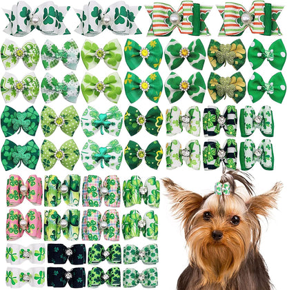 JpGdn St. Patrick's Day dog hair bows with green shamrock pattern