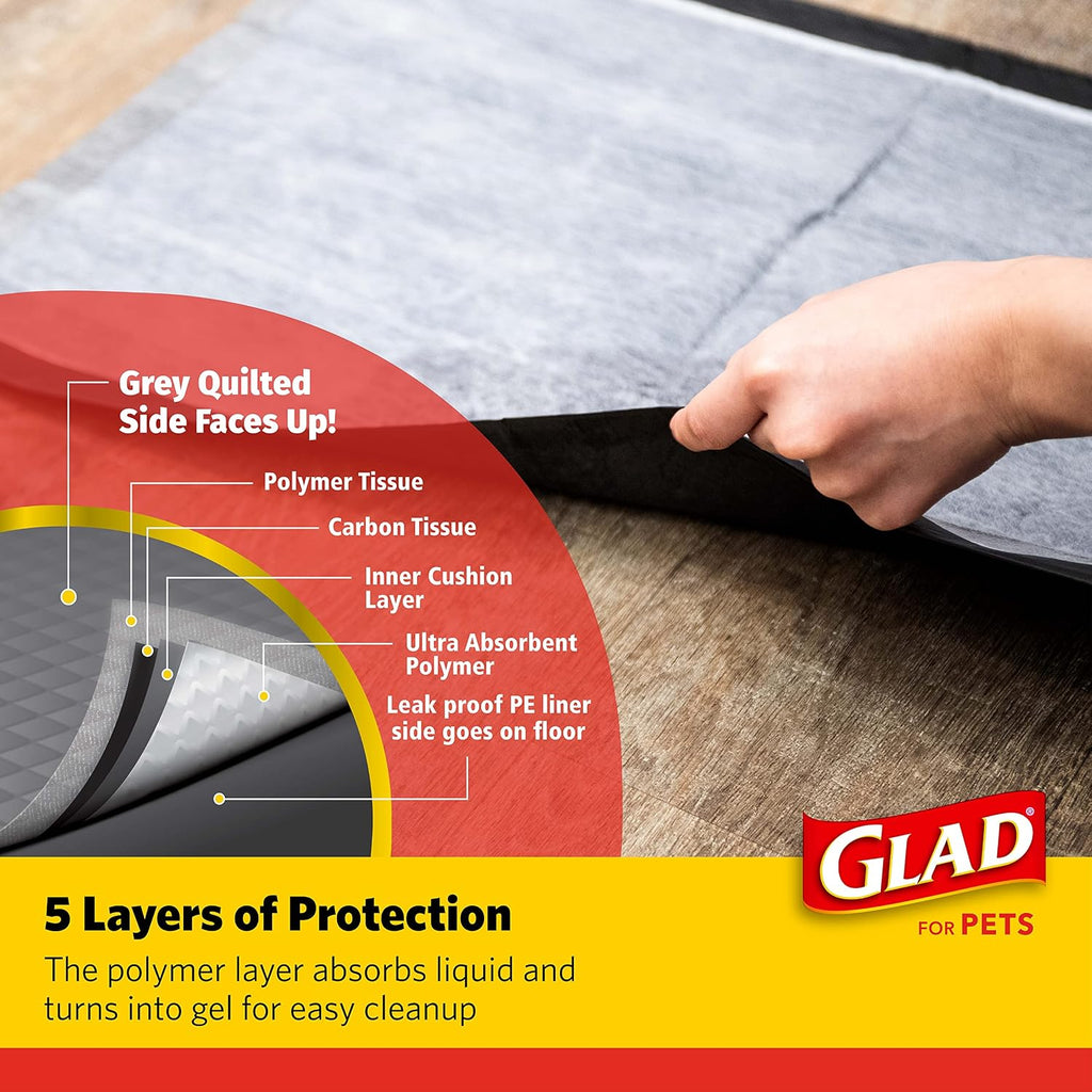 Glad For Pets charcoal pet pads showing the leak proof sealed black edges and durable backing.