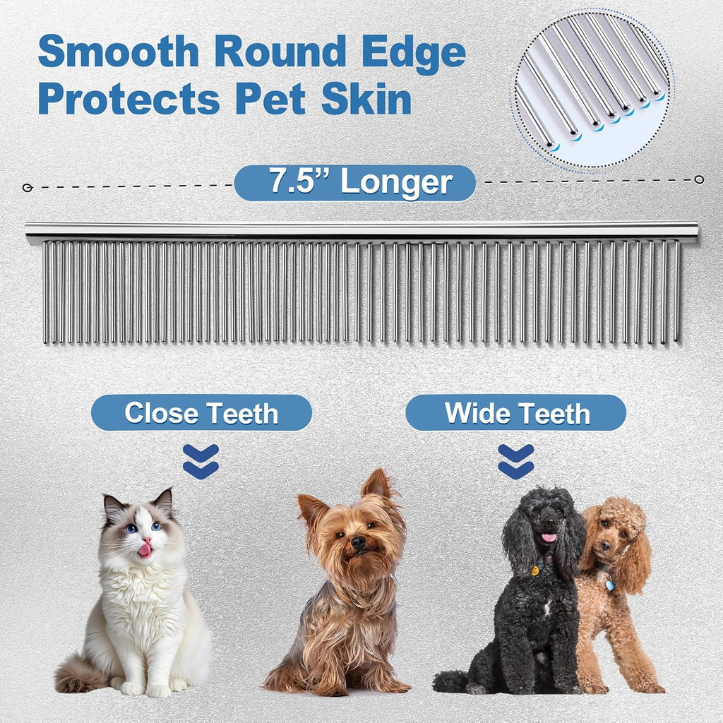 Premium pet styling comb and ceramic coated scissors layout on a professional grooming table