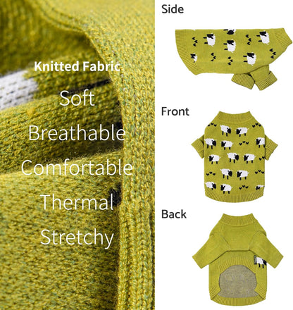 Fitwarm green sheep pattern pet outfit showcasing belly cut for easy potty breaks