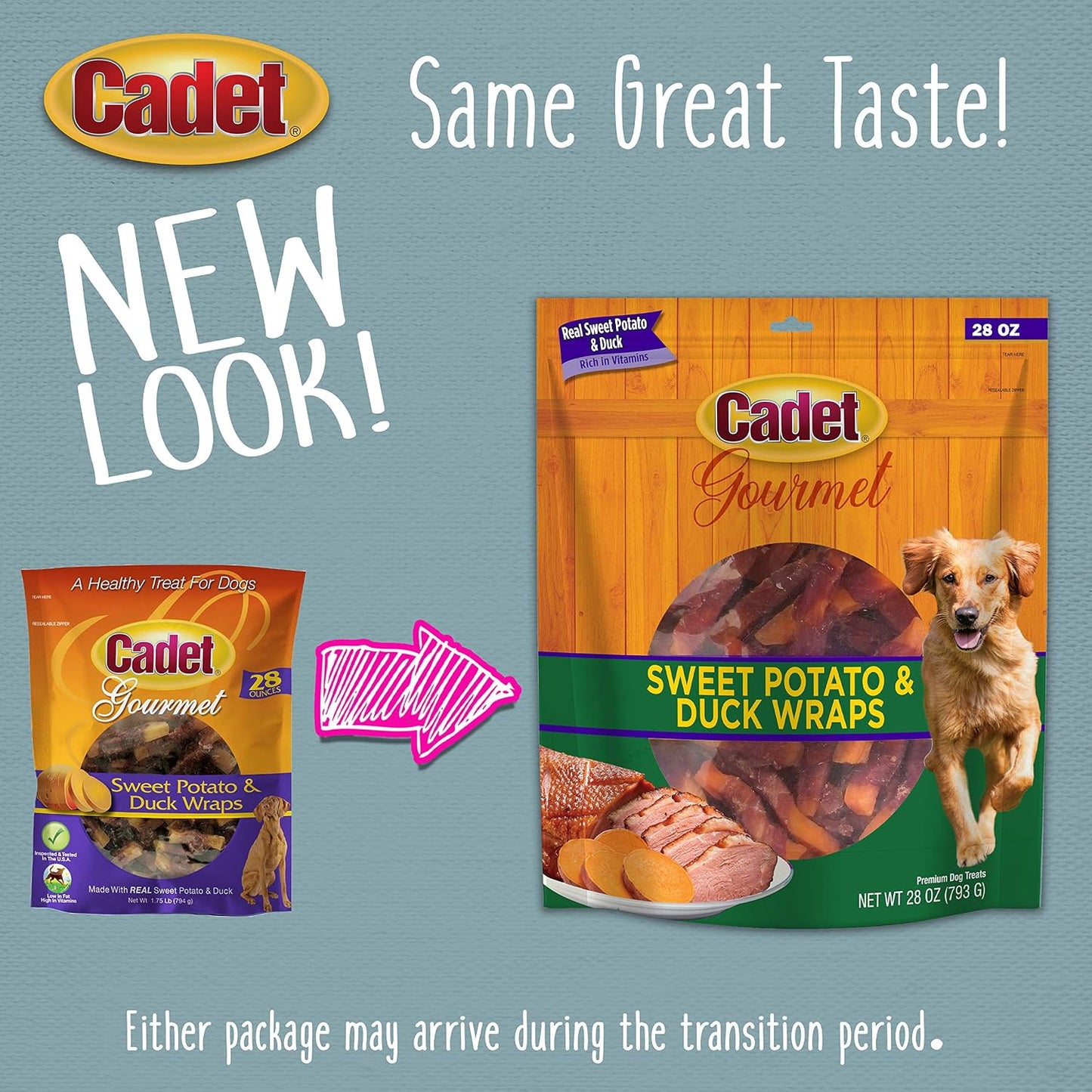Dog eating Cadet sweet potato and duck wrapped treat