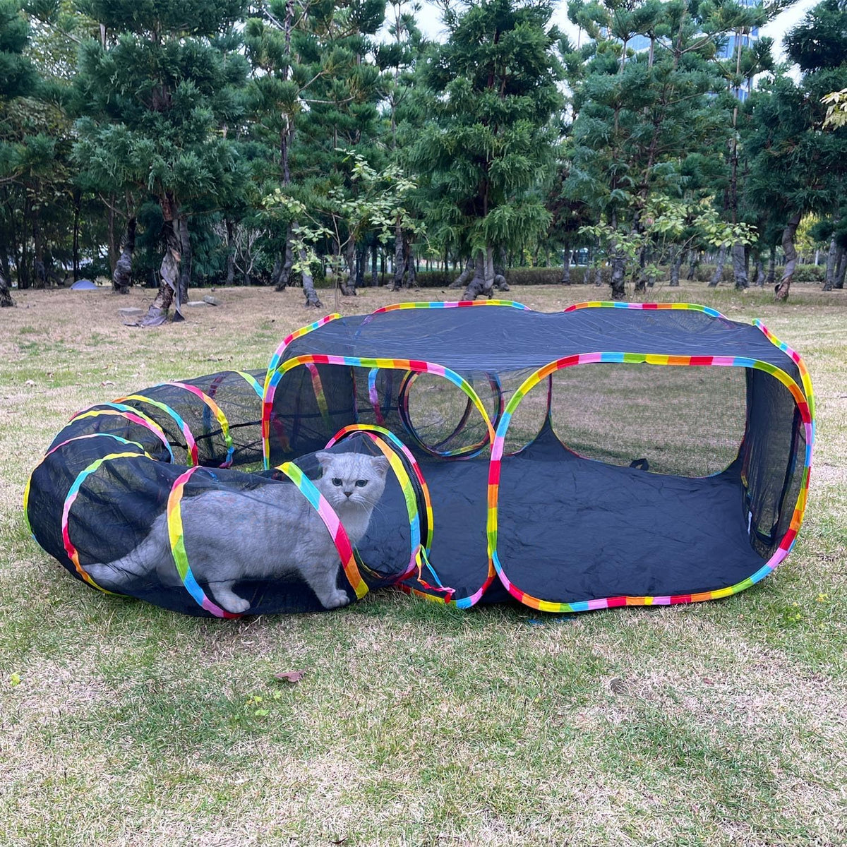 GONPETGP outdoor cat enclosure front view showing the mesh tent and tunnel setup in a backyard garden