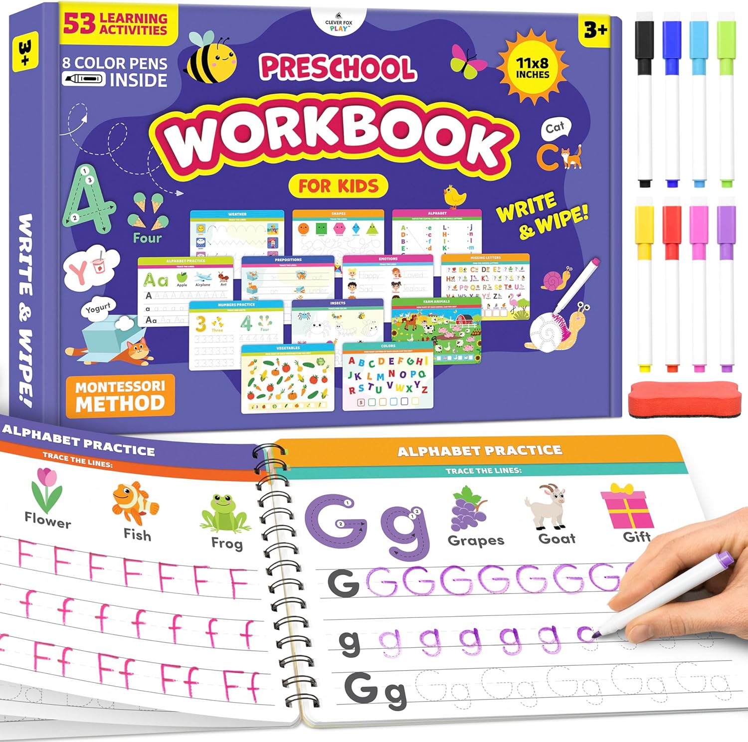 Clever Fox Play Preschool Workbook front view showing colorful write and wipe cover page