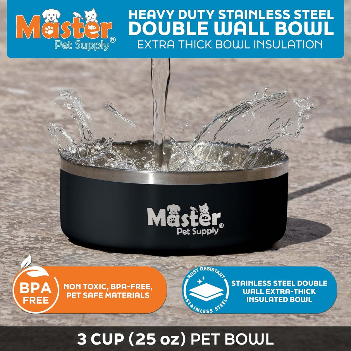 Non slip rubber base on the bottom of Master Pet Supply heavy dog bowl