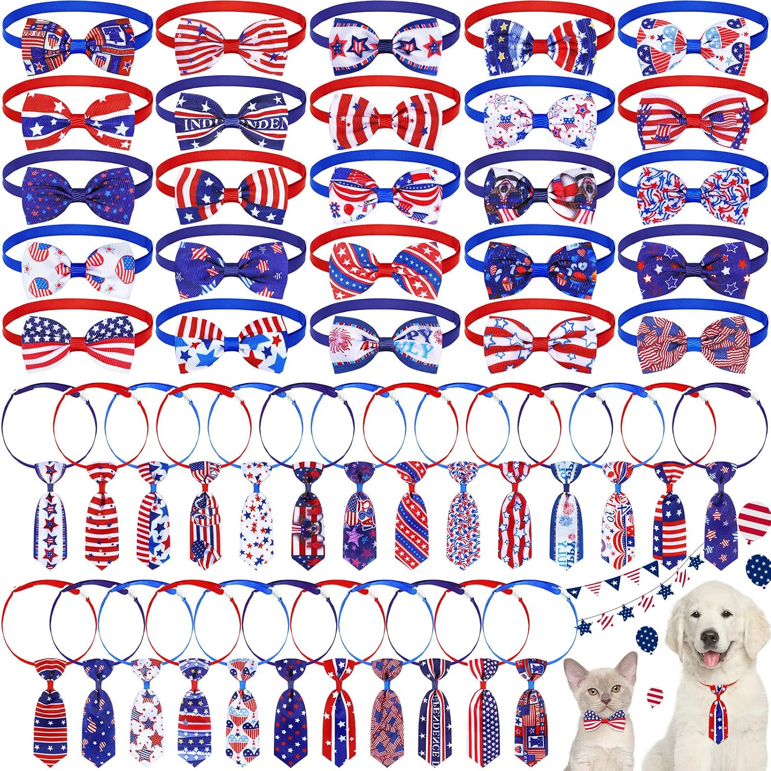 Saintrygo patriotic dog bow tie set front view showcasing red white and blue American flag grooming accessories.