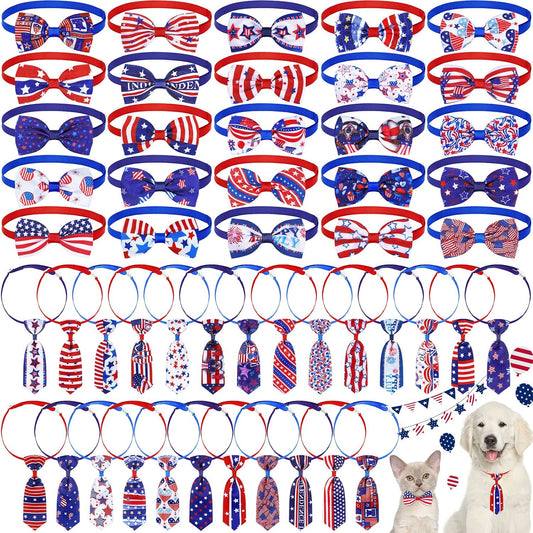 Saintrygo patriotic dog bow tie set front view showcasing red white and blue American flag grooming accessories.