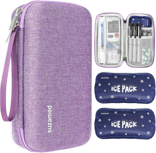 Suzamed insulin cooler travel case purple front view with zipped closure