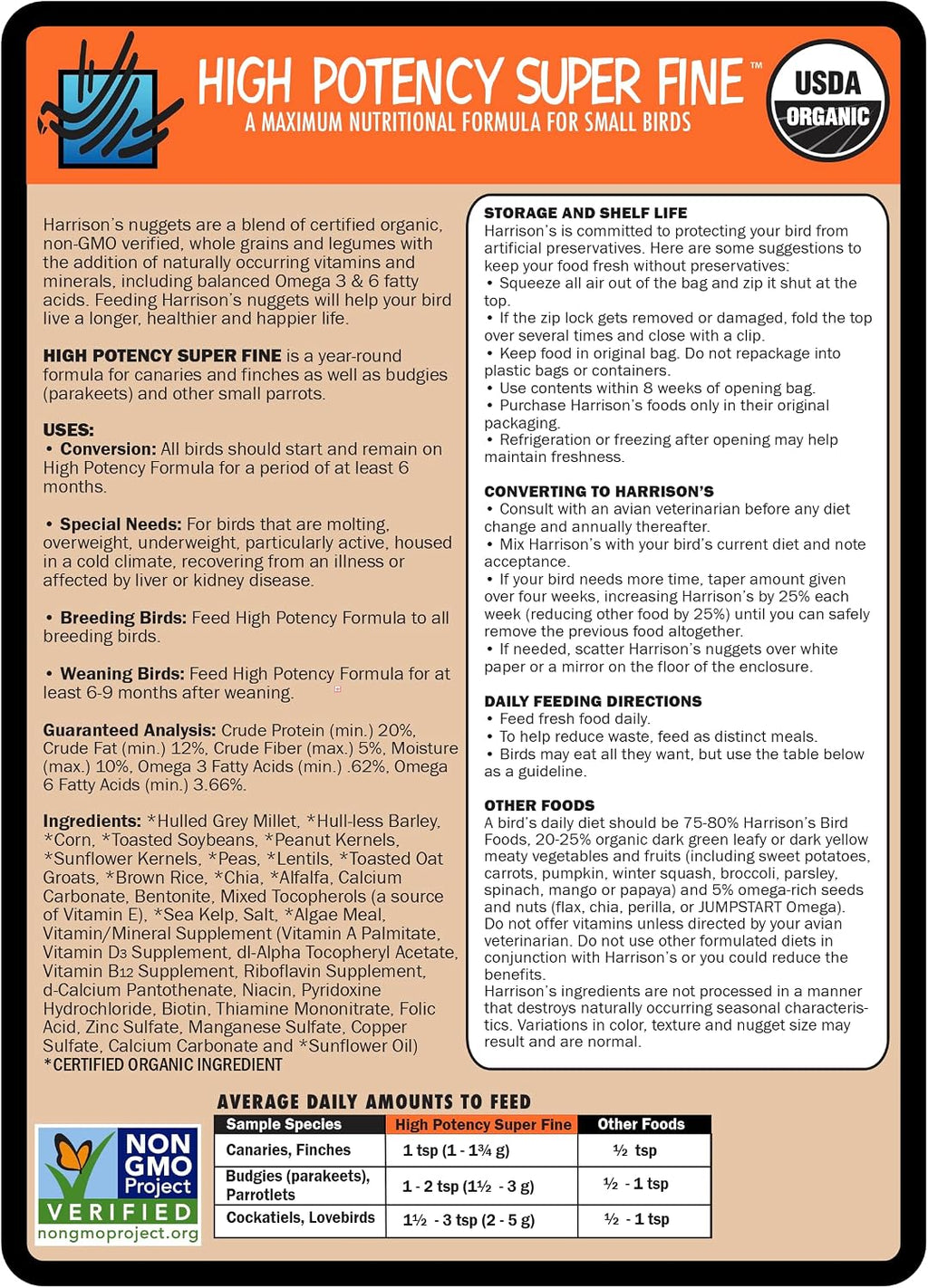 Harrisons organic bird food label details and ingredients