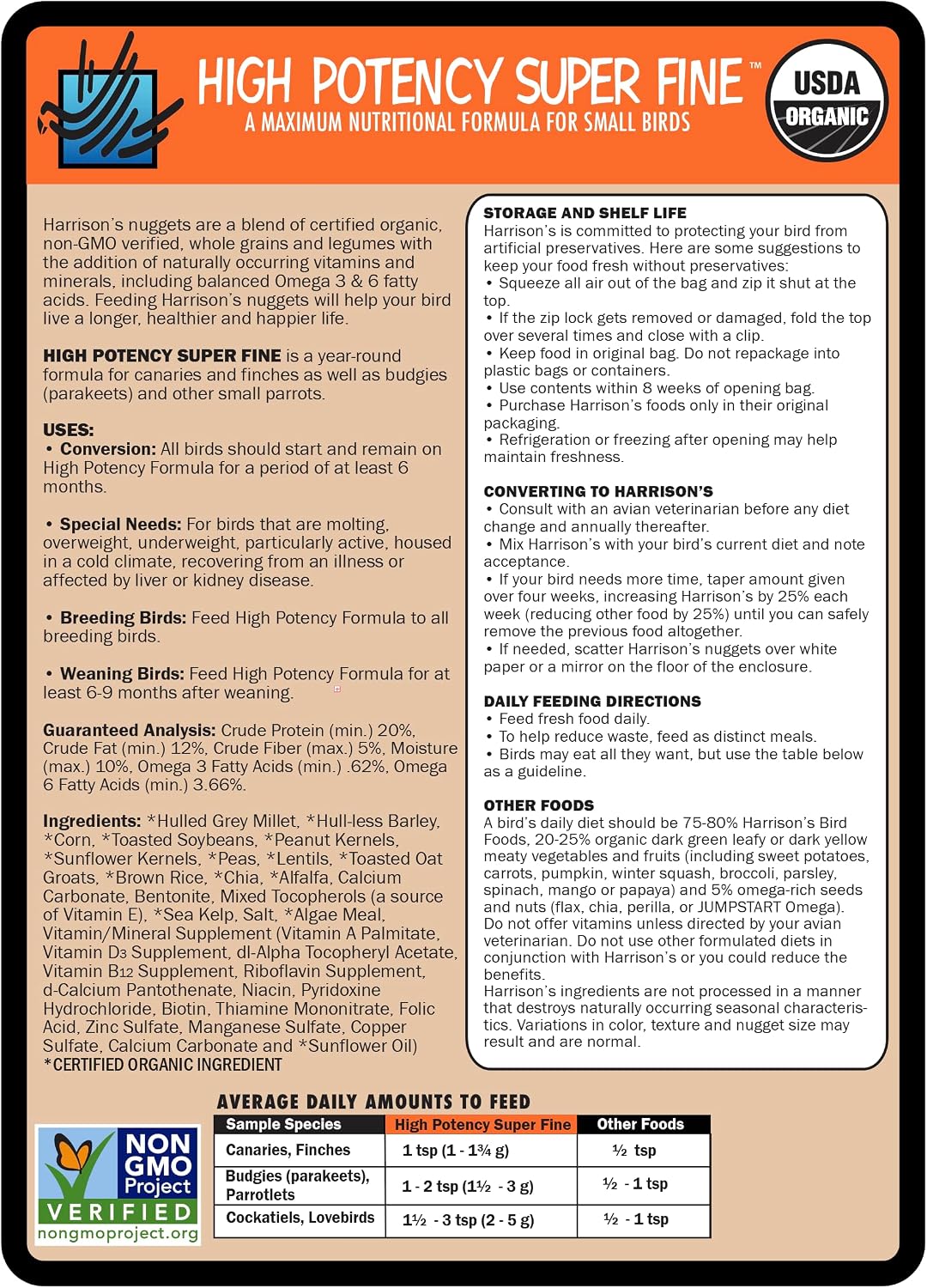 Harrisons organic bird food label details and ingredients