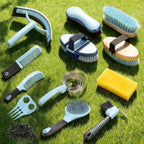 Side angle view of the Rouisxue grooming kit showcasing the ergonomic non-slip handles of the professional horse brushes.