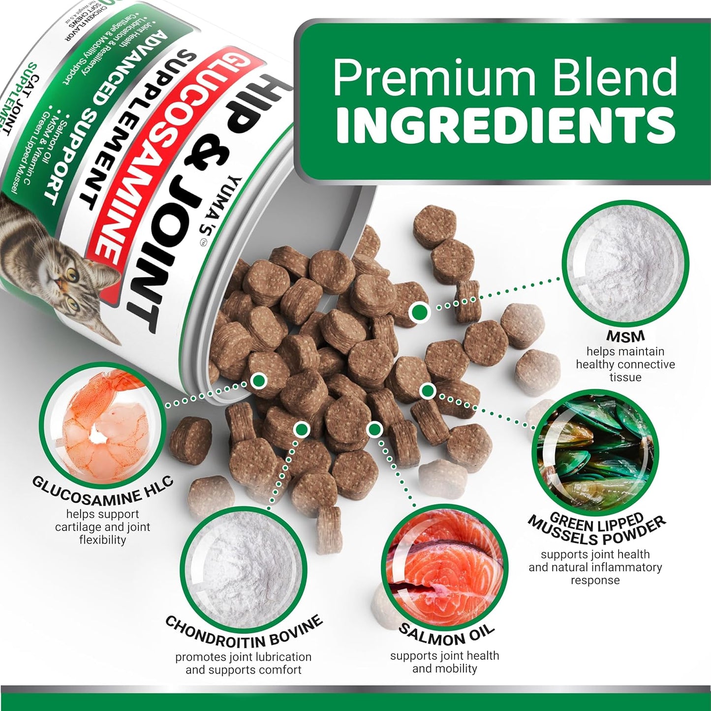 Back label of Yuma's cat hip and joint supplement showing ingredients