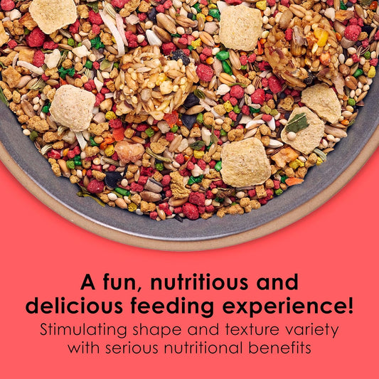 Close up of Kaytee Fiesta bird food texture and ingredients