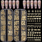 Cynailli 3D gold nail charms front view in storage boxes