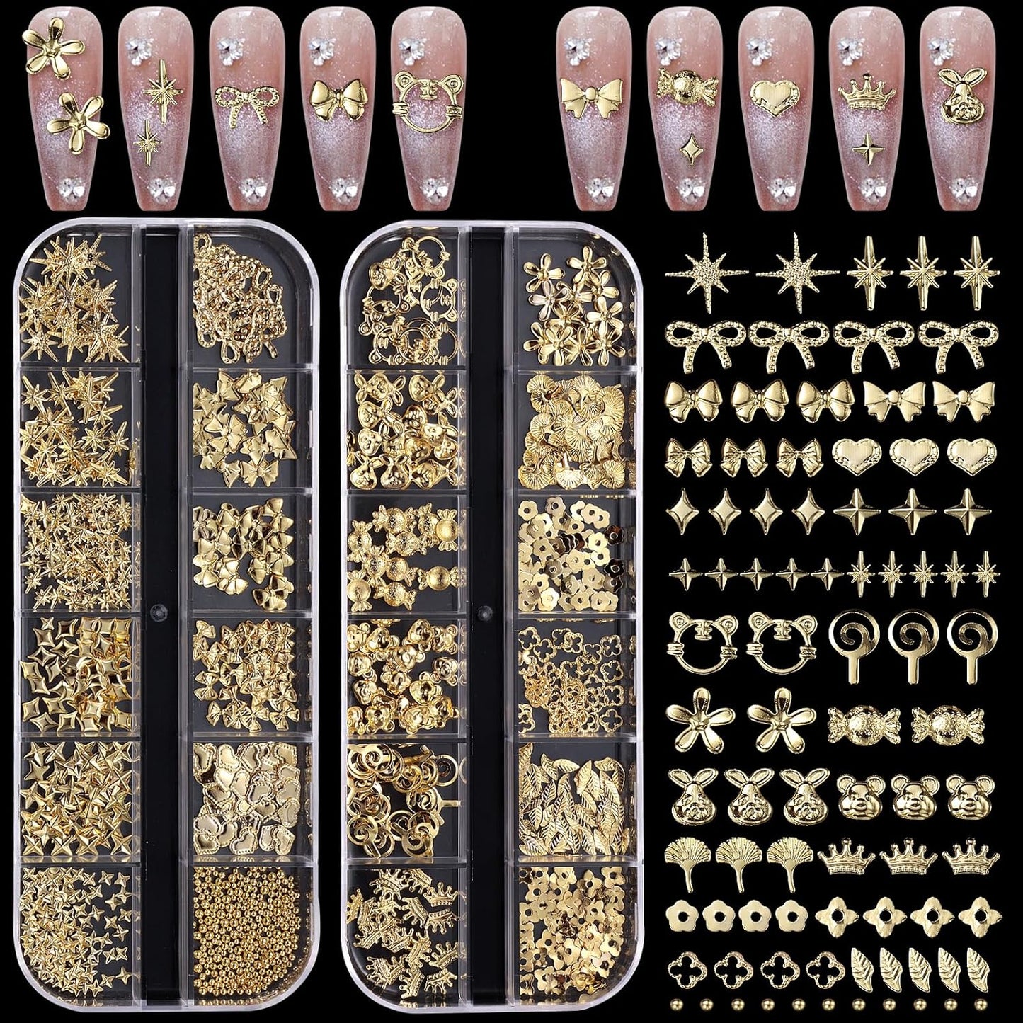 Cynailli 3D gold nail charms assortment in clear organizer boxes front view