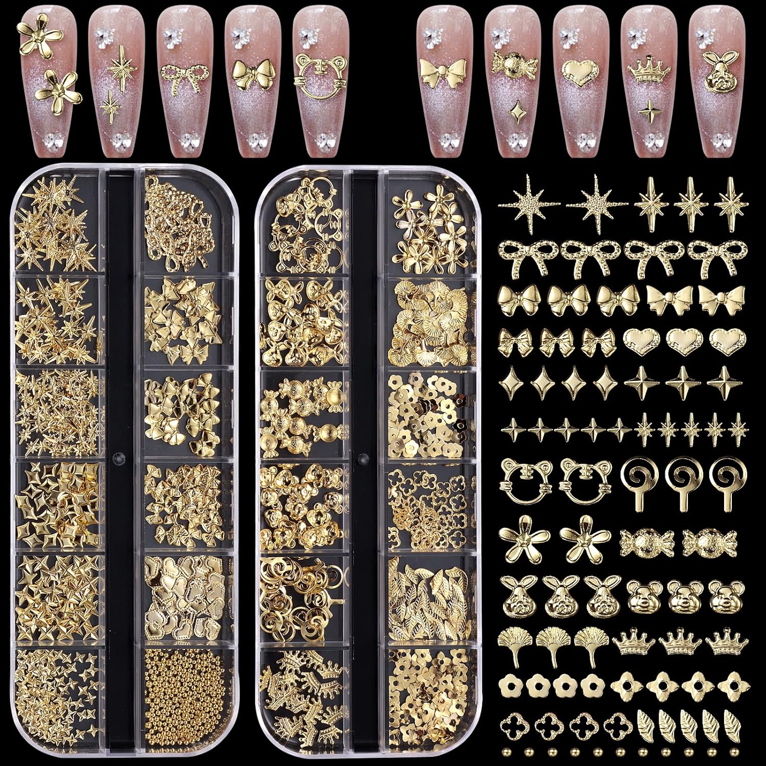 Cynailli 3D gold nail charms assortment in clear organizer boxes front view