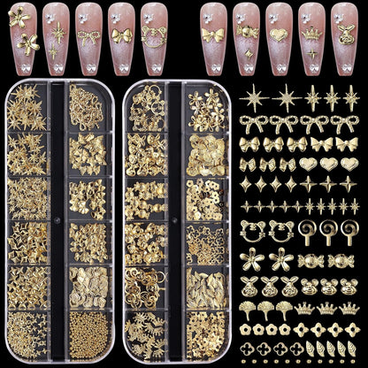 Cynailli 3D gold nail charms assortment in clear organizer boxes front view