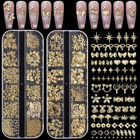Cynailli 3D gold nail charms assortment in clear organizer boxes front view