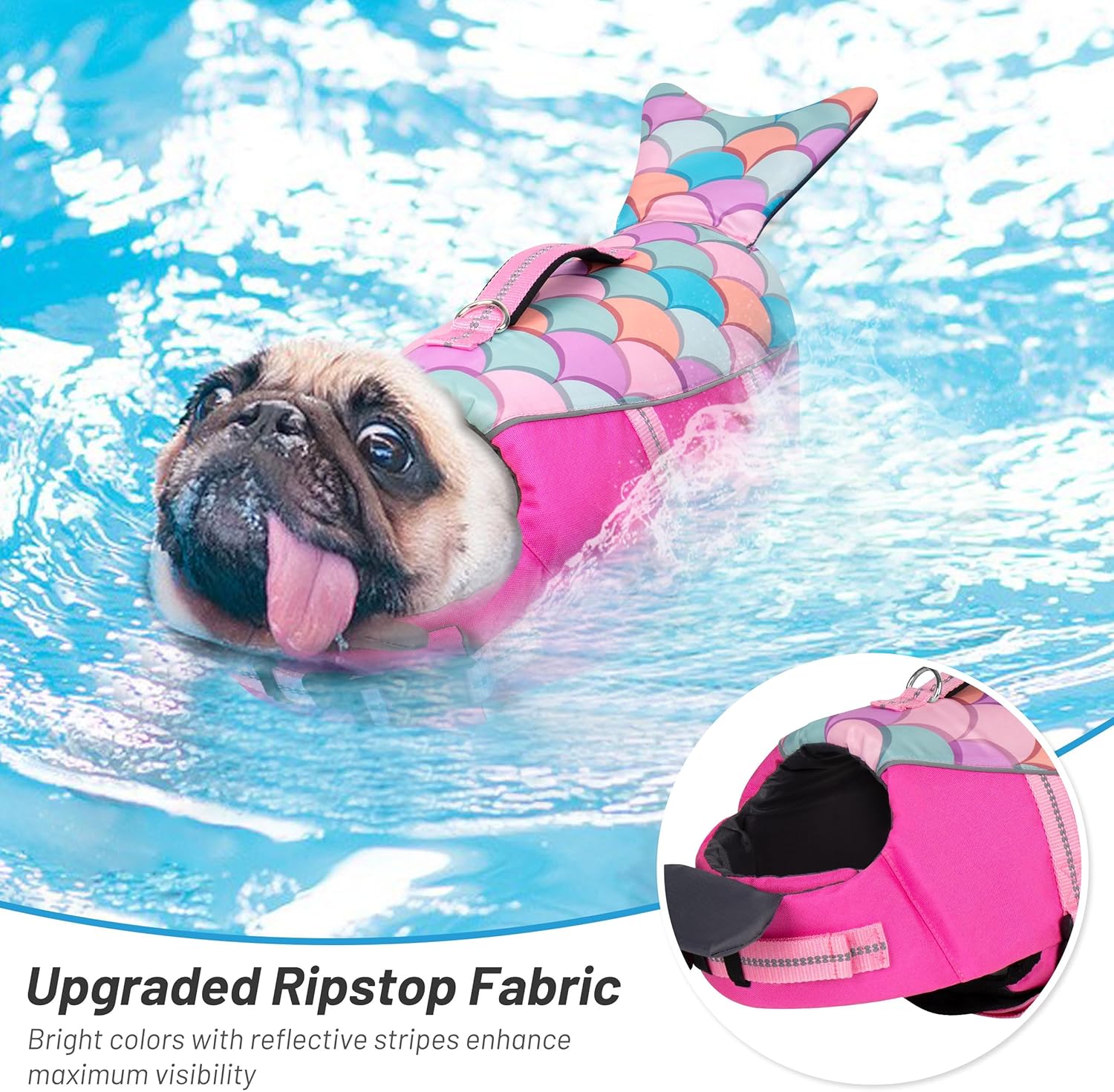 Pink mermaid dog lifejacket with reflective safety strips