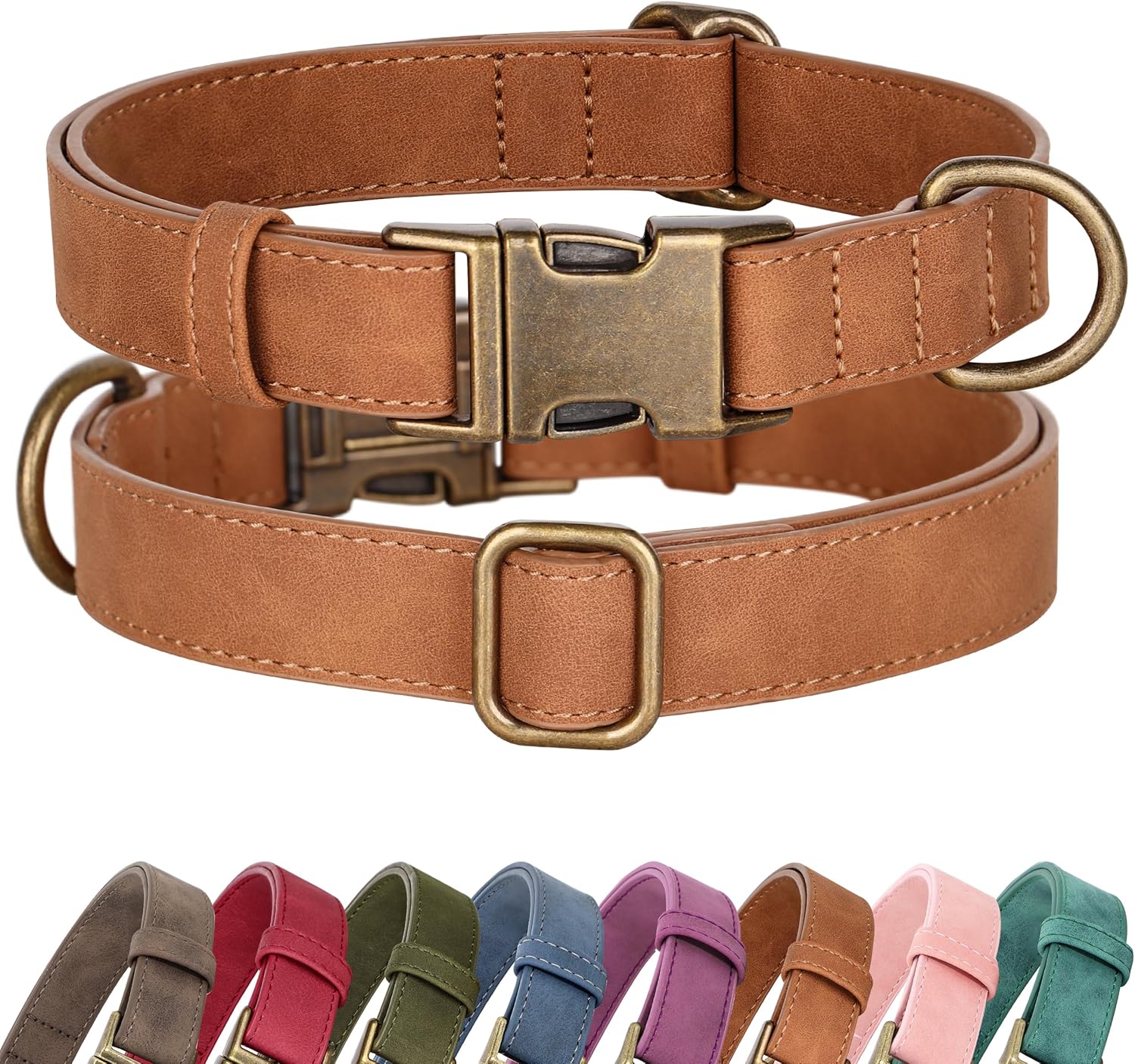 Didog soft PU leather dog collar light brown front view