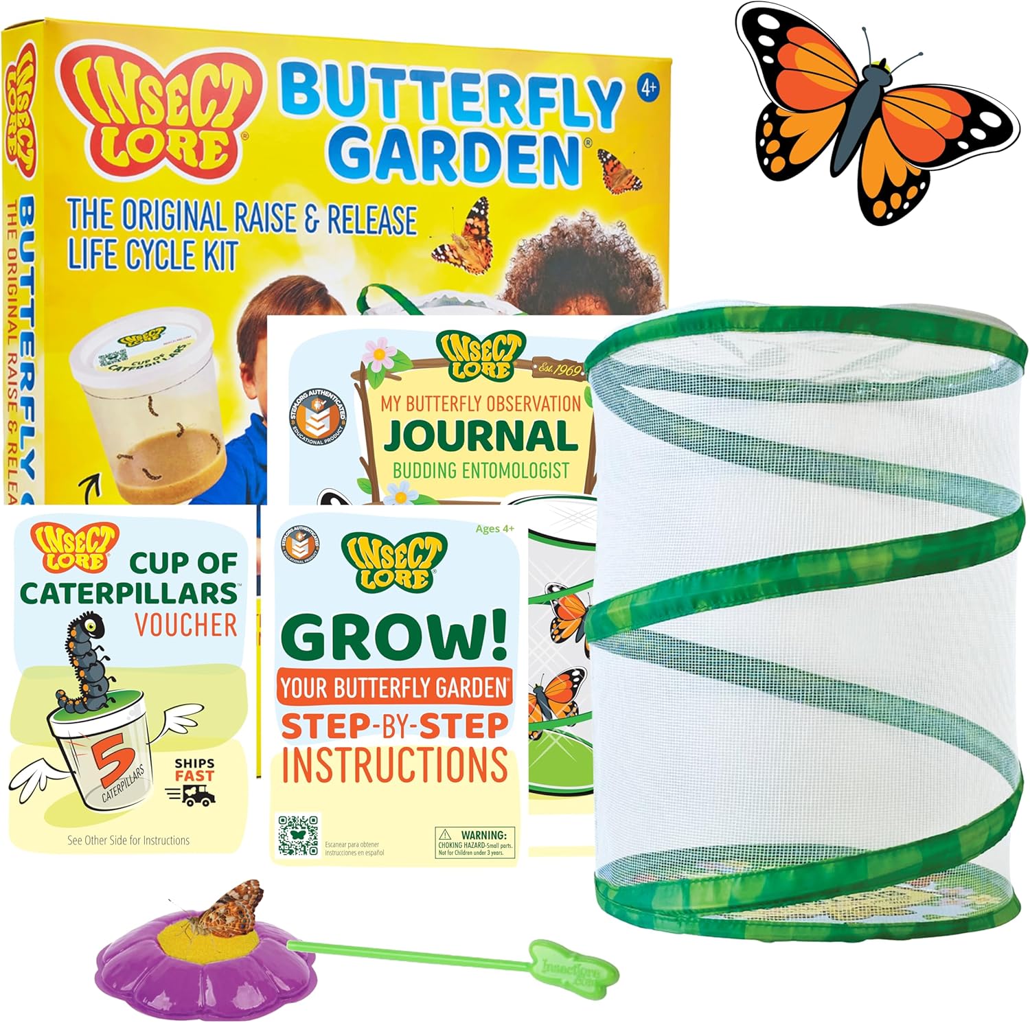 Insect Lore Raise and Release Butterfly Garden Kit front view of educational box with mesh habitat