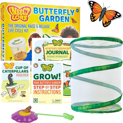 Insect Lore Raise and Release Butterfly Garden Kit front view of educational box with mesh habitat