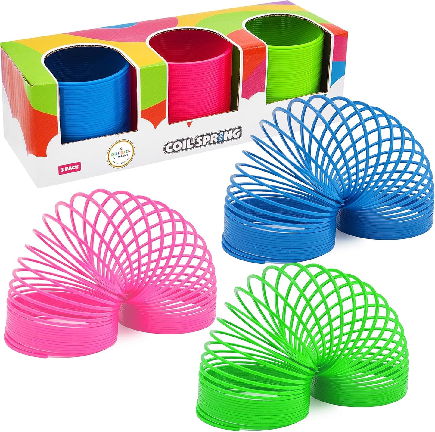 The Dreidel Company Neon Plastic Multicolor Coil Spring front view three pack return gifts