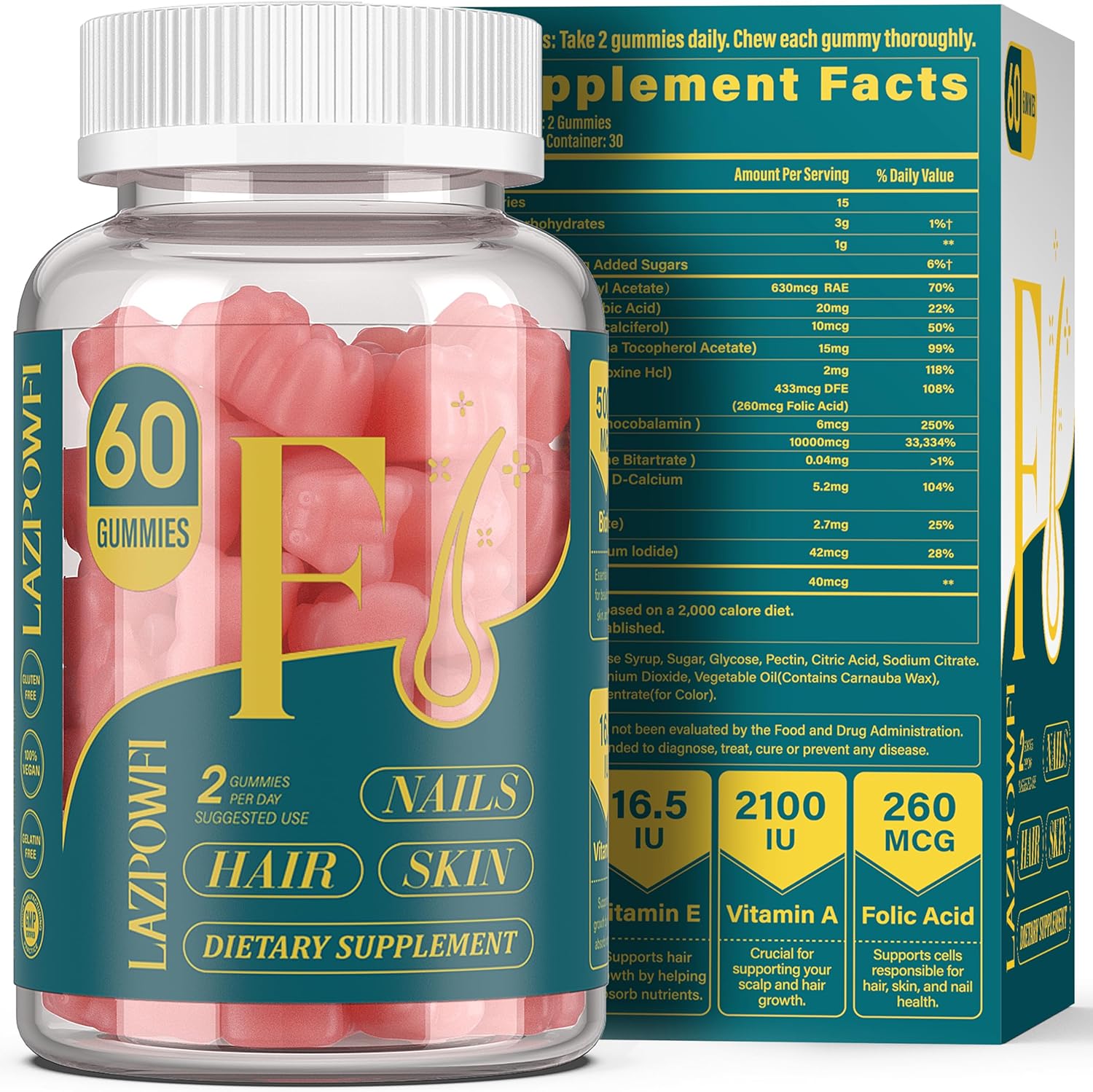 Lazpowfi Biotin Gummies front view bottle packaging for hair skin and nails health