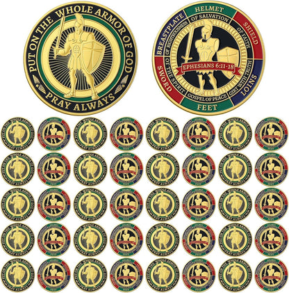 Nosiny Armor of God coins 40 pieces bulk set front view showing antique gold finish