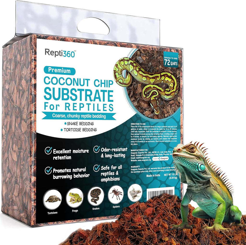 Repti360 Premium Coconut Chip Substrate front view of the compressed ten pound block packaging.
