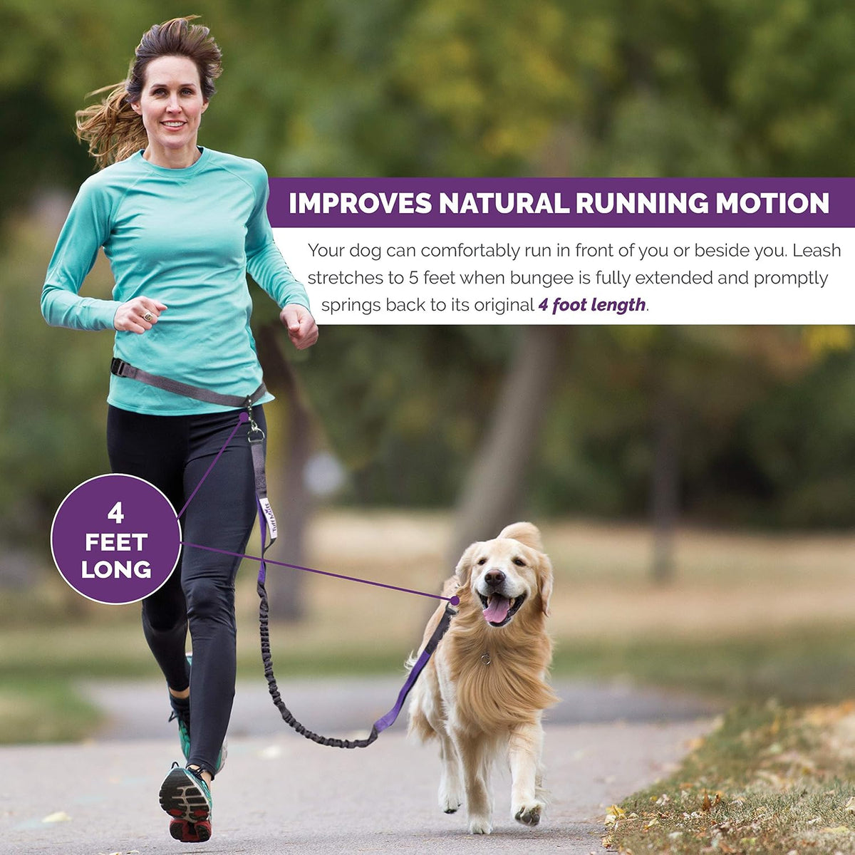 Luminous reflective safety stitching details on the Tuff Mutt hands free waist leash for night visibility.