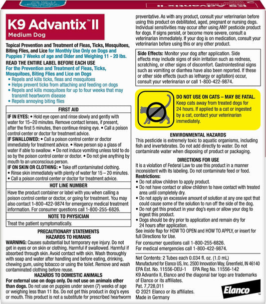 K9 Advantix II topical treatment for dogs eleven to twenty pounds box details