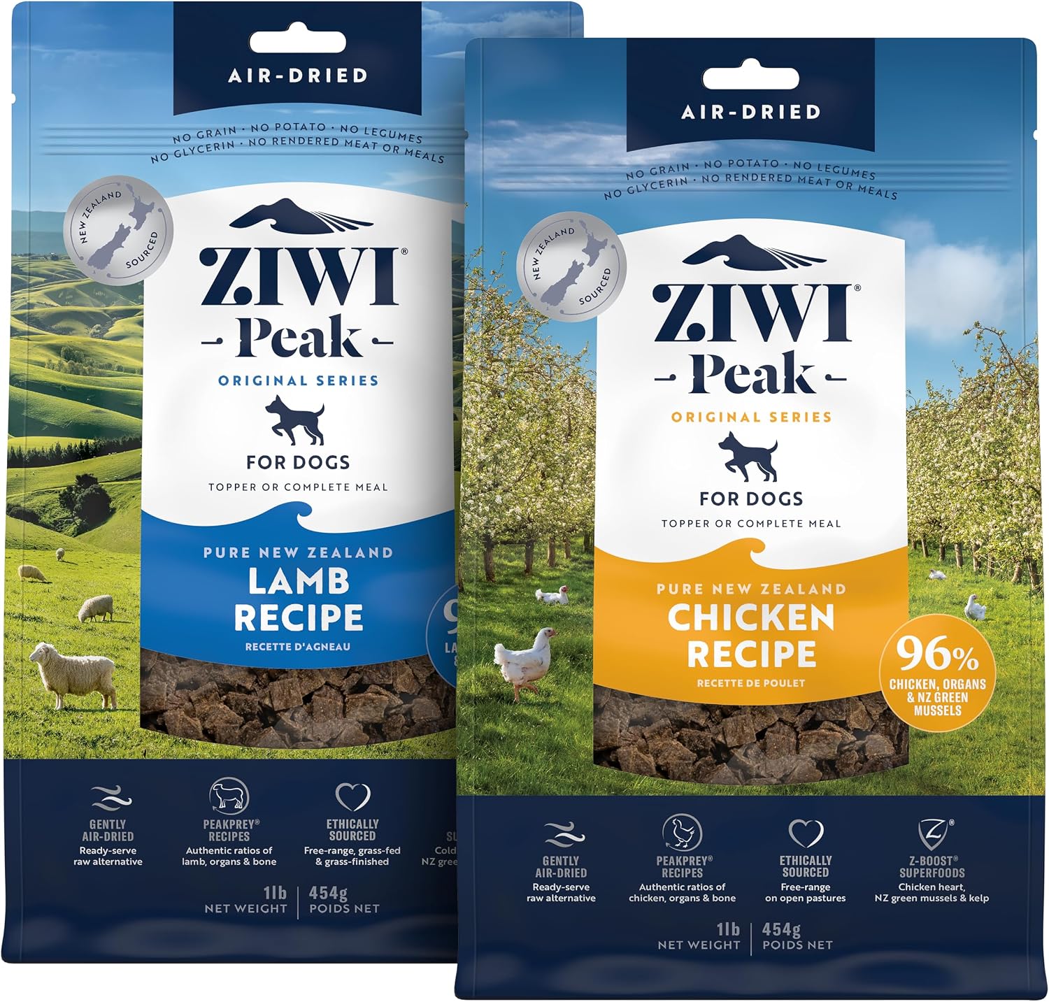 ZIWI Peak Air Dried Dog Food Lamb and Chicken bundle front packaging view premium raw alternative pet food.