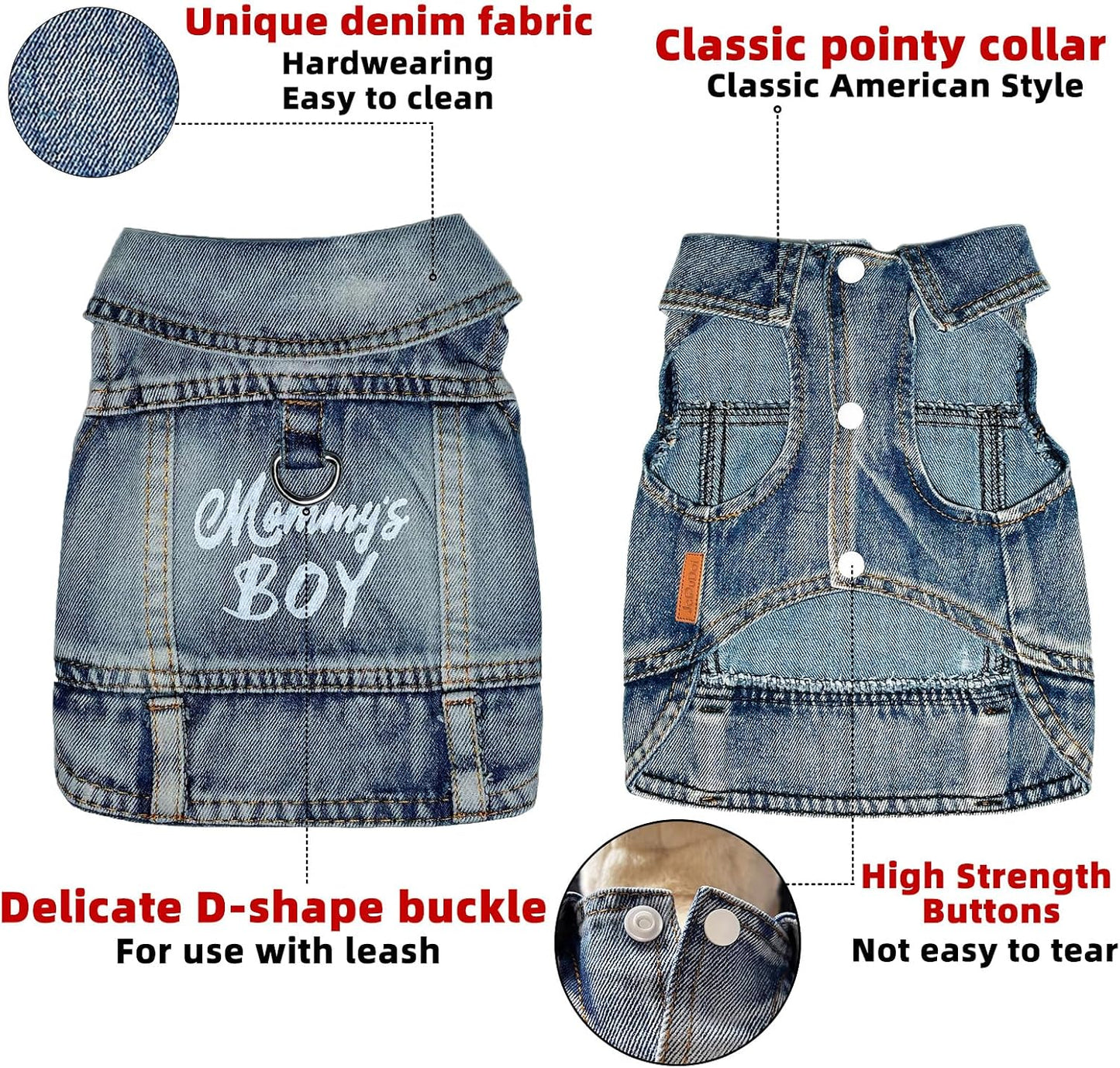 Close up view of the premium breathable washed cotton denim material on the JcDuDoi pet outfit.