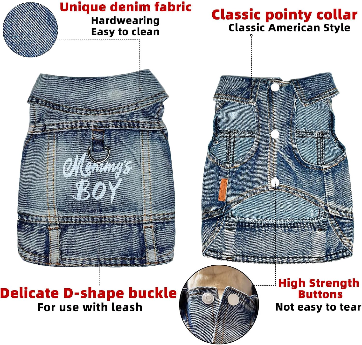 Close up view of the premium breathable washed cotton denim material on the JcDuDoi pet outfit.