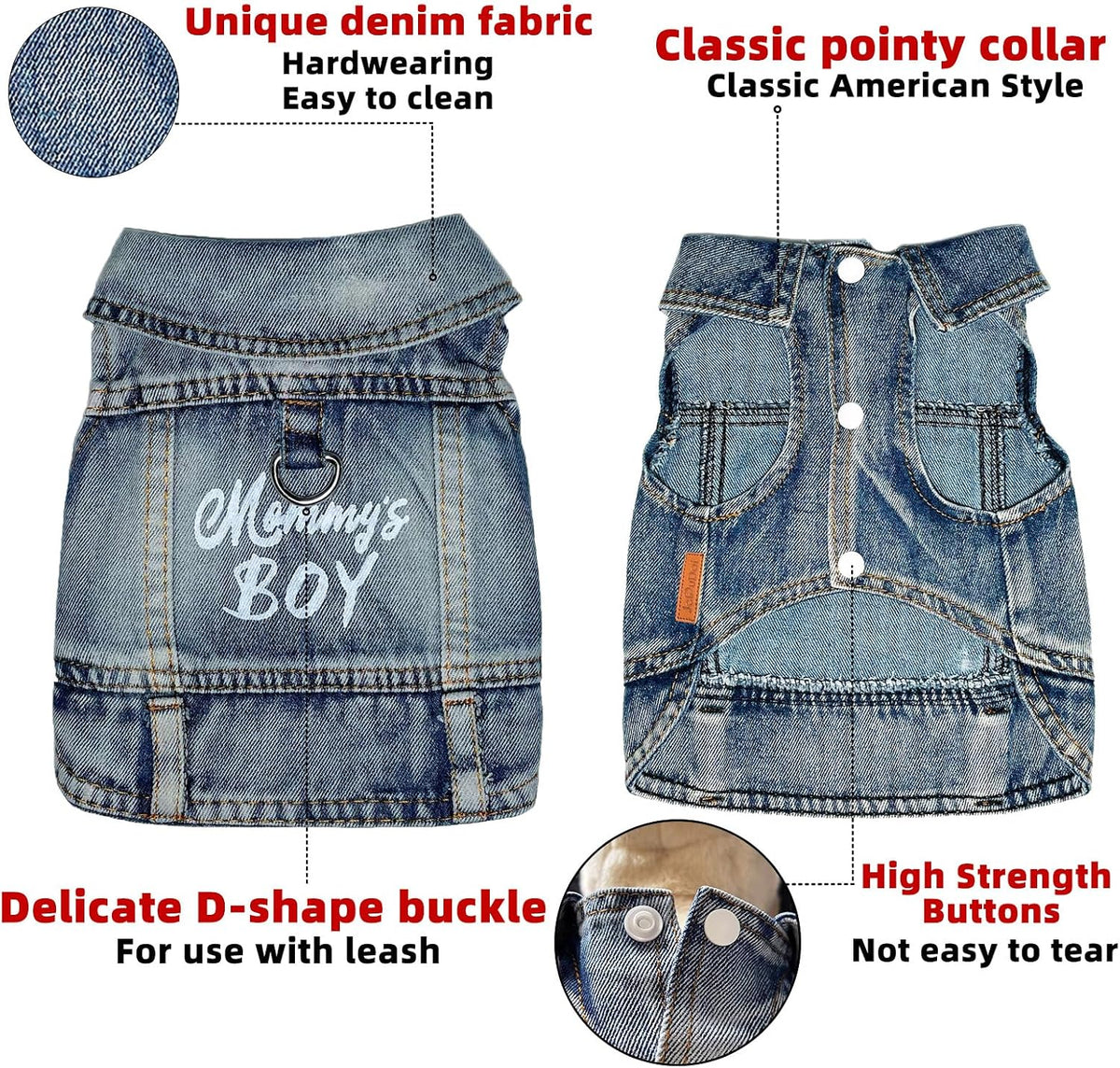 Close up view of the premium breathable washed cotton denim material on the JcDuDoi pet outfit.