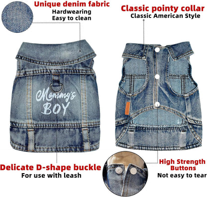 Close up view of the premium breathable washed cotton denim material on the JcDuDoi pet outfit.