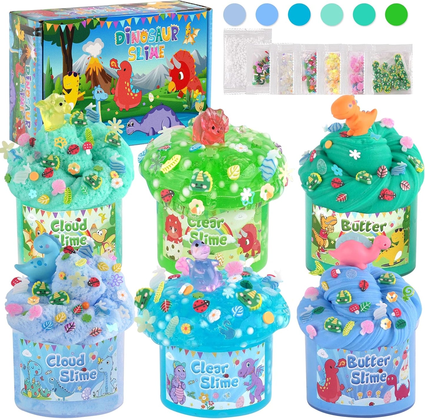 LAWOHO 6 Pack Dinosaurs Slime Kit front packaging view with blue and green jars