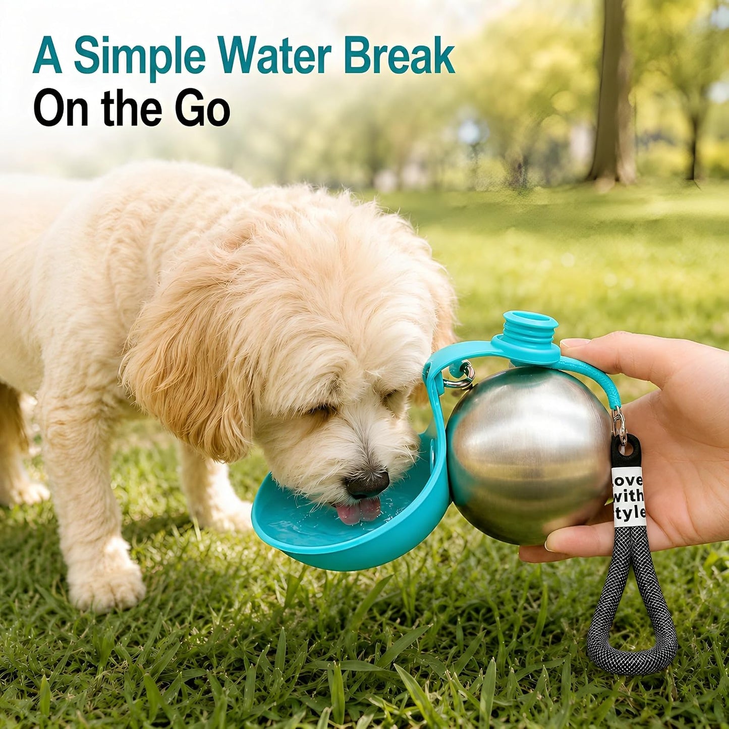 Oplope 10 ounce dog travel dispenser being poured into blue bowl