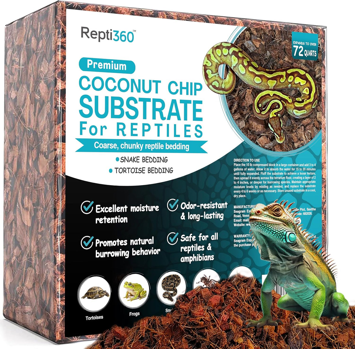 Repti360 premium pet substrate showing the scale of the expanded seventy two quarts volume.