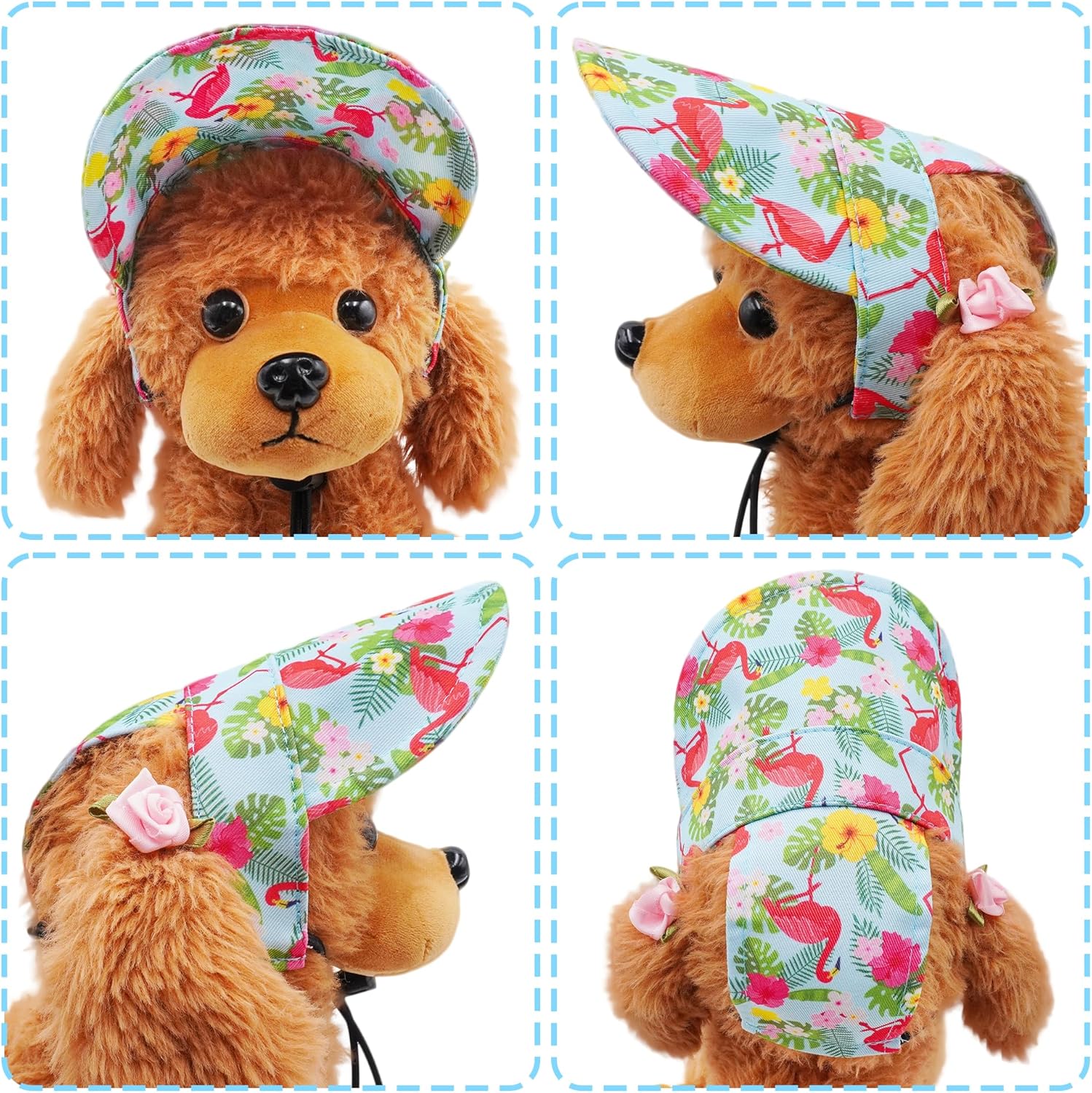 Dog wearing Hawaiian Flamingo green baseball cap outdoors