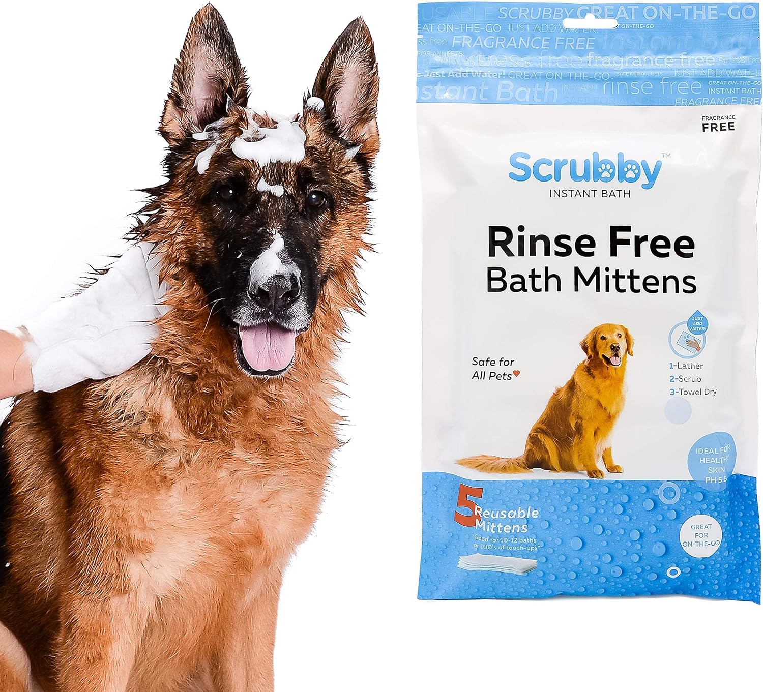Scrubby Pet rinse free pet wash mittens for cats and dogs